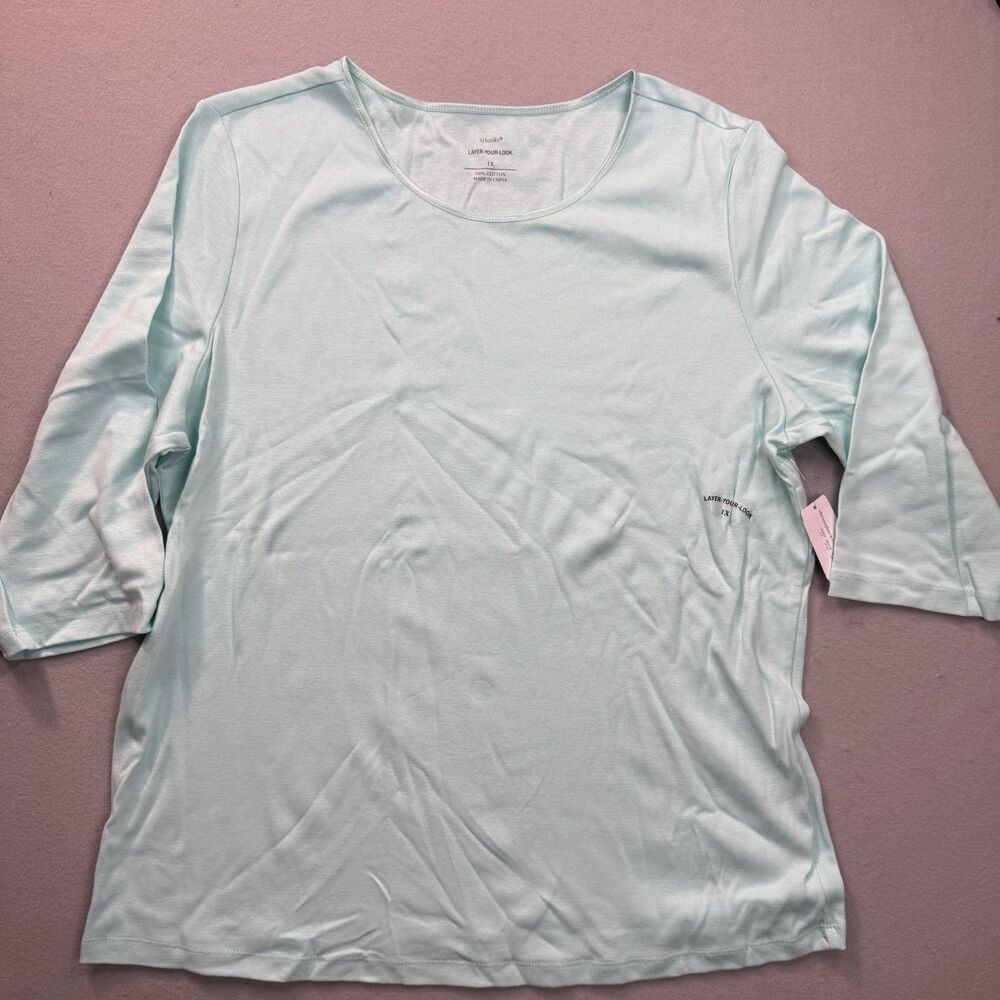 NWT CJ Banks Layer Your Look Top 1X Plus Aqua Mint Green Cotton 3/4 Sleeve Tee